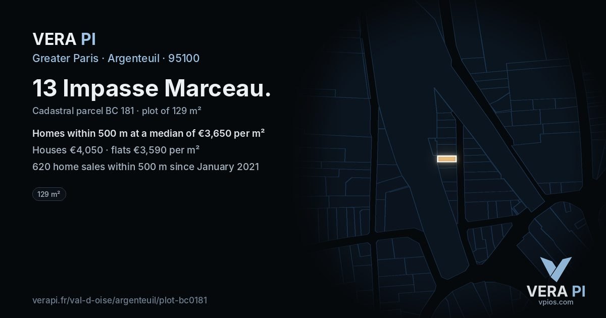 13 Impasse Marceau, Argenteuil at night – the plot lit, the parcels around coloured by the prices near them