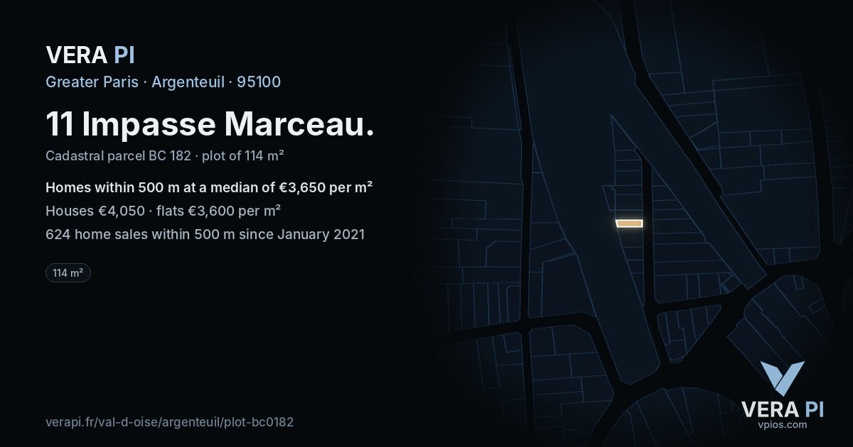 11 Impasse Marceau, Argenteuil at night – the plot lit, the parcels around coloured by the prices near them