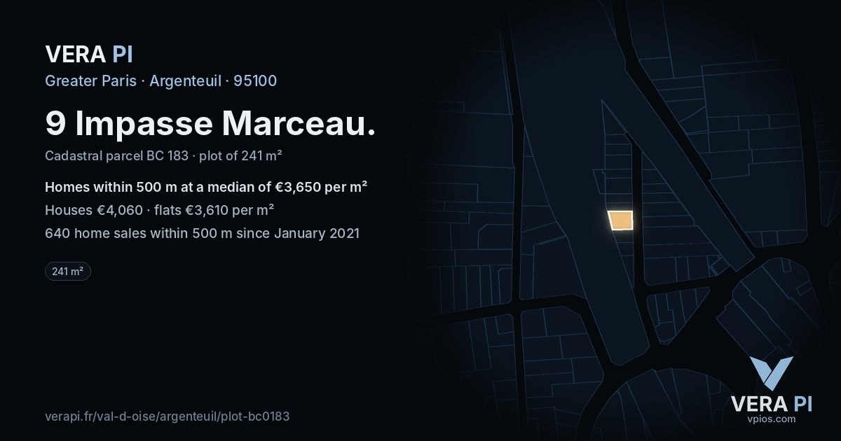 9 Impasse Marceau, Argenteuil at night – the plot lit, the parcels around coloured by the prices near them