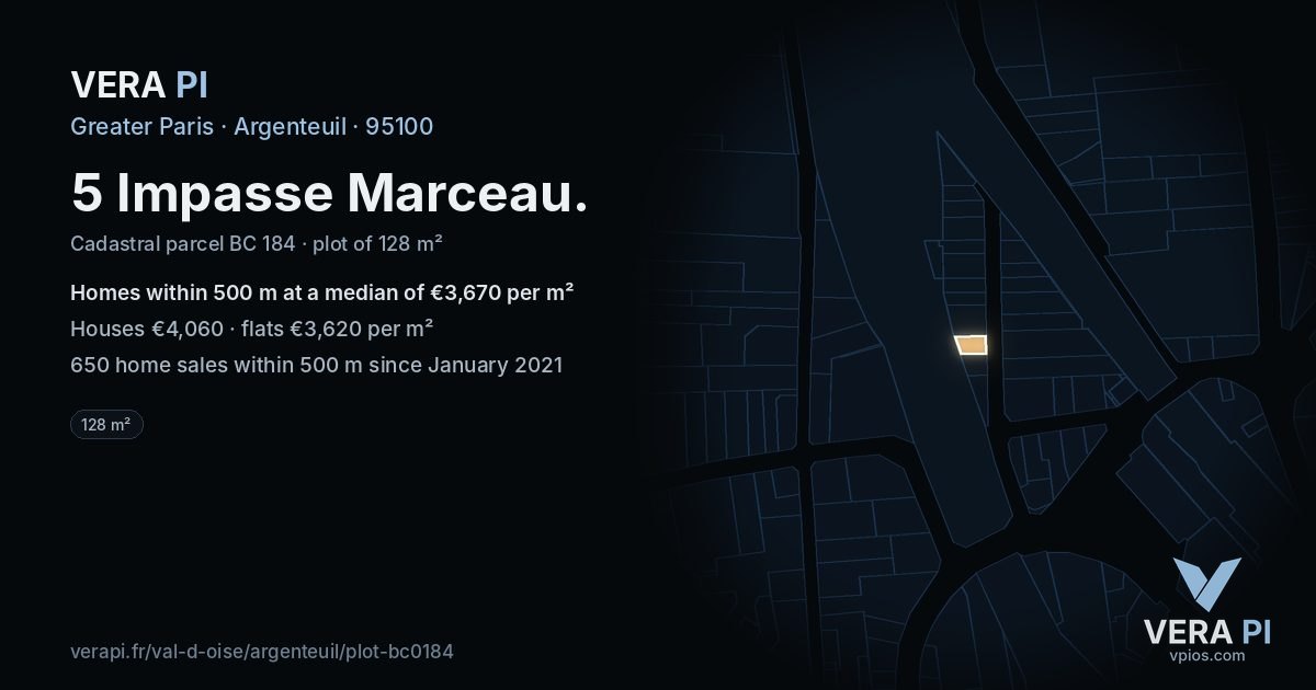 5 Impasse Marceau, Argenteuil at night – the plot lit, the parcels around coloured by the prices near them