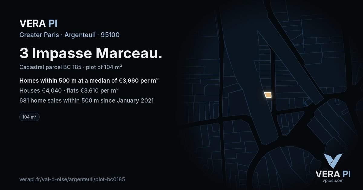 3 Impasse Marceau, Argenteuil at night – the plot lit, the parcels around coloured by the prices near them