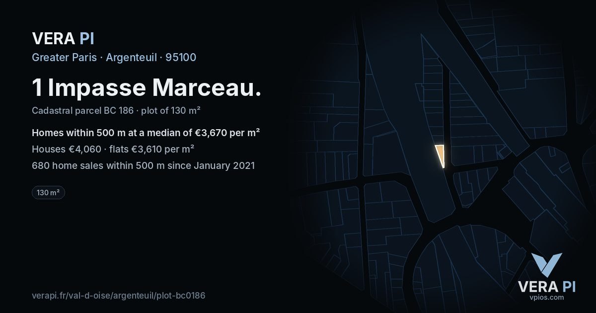 1 Impasse Marceau, Argenteuil at night – the plot lit, the parcels around coloured by the prices near them