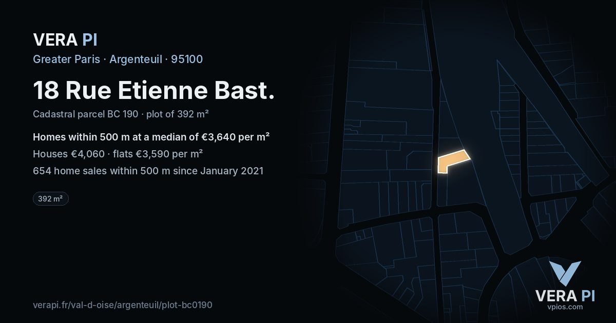 18 Rue Etienne Bast, Argenteuil at night – the plot lit, the parcels around coloured by the prices near them