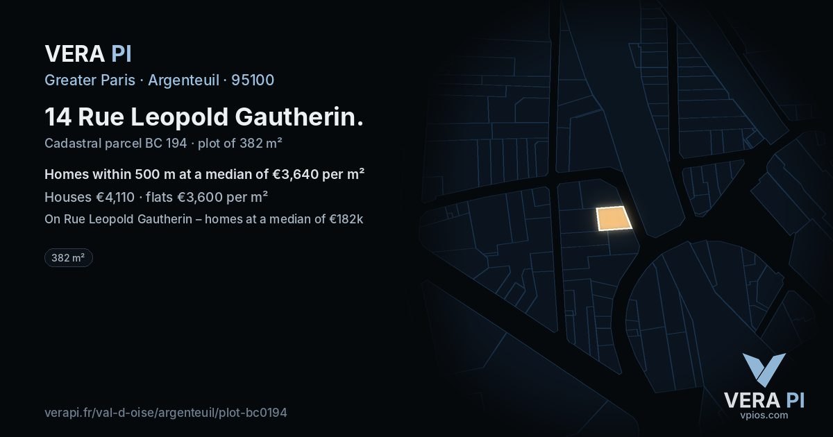 14 Rue Leopold Gautherin, Argenteuil at night – the plot lit, the parcels around coloured by the prices near them