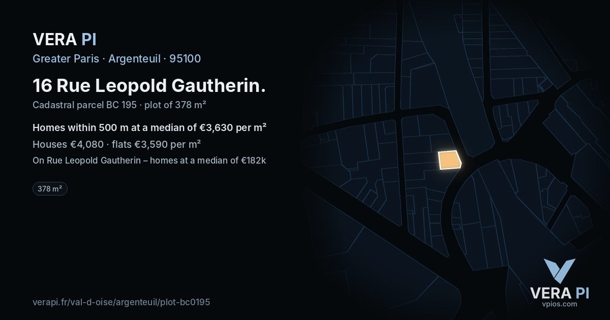 16 Rue Leopold Gautherin, Argenteuil at night – the plot lit, the parcels around coloured by the prices near them