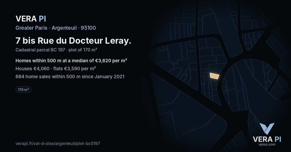 7 bis Rue du Docteur Leray, Argenteuil at night – the plot lit, the parcels around coloured by the prices near them
