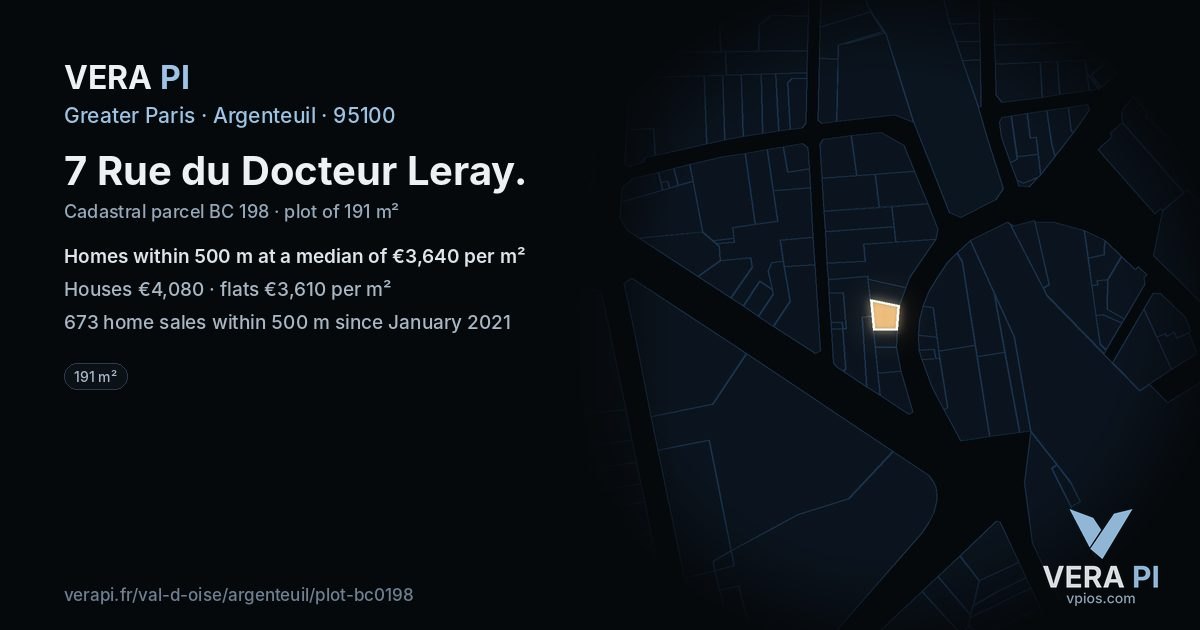 7 Rue du Docteur Leray, Argenteuil at night – the plot lit, the parcels around coloured by the prices near them