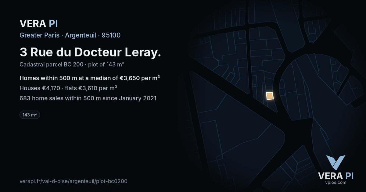 3 Rue du Docteur Leray, Argenteuil at night – the plot lit, the parcels around coloured by the prices near them