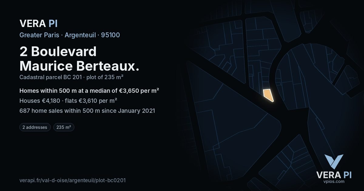 2 Boulevard Maurice Berteaux, Argenteuil at night – the plot lit, the parcels around coloured by the prices near them
