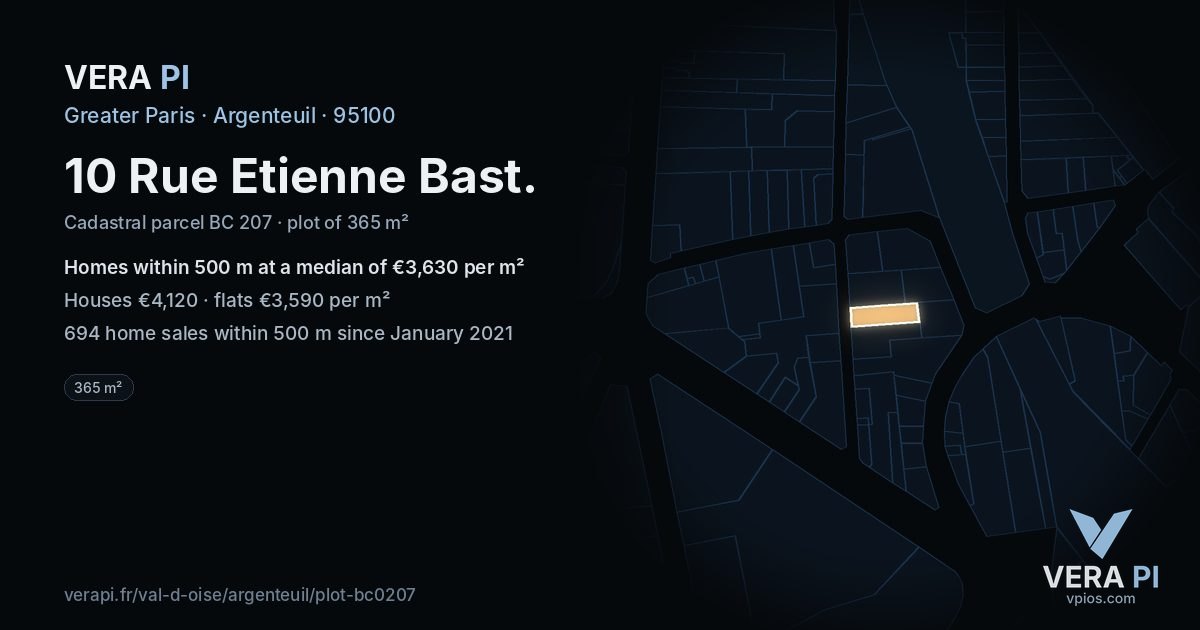 10 Rue Etienne Bast, Argenteuil at night – the plot lit, the parcels around coloured by the prices near them