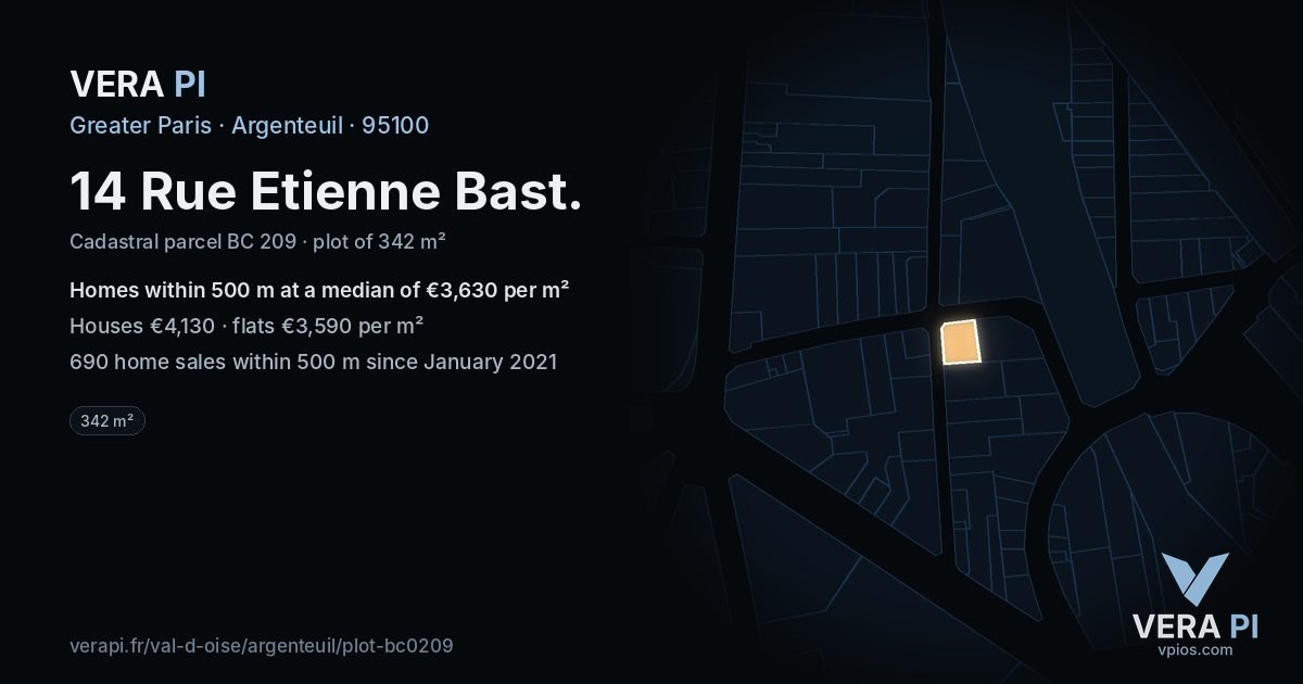 14 Rue Etienne Bast, Argenteuil at night – the plot lit, the parcels around coloured by the prices near them