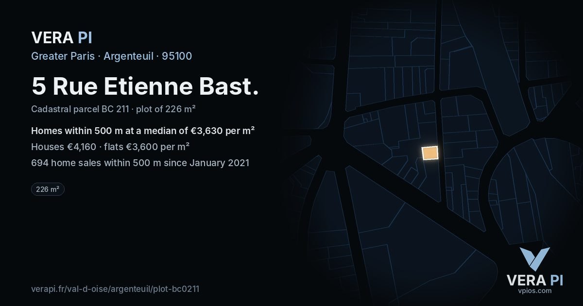 5 Rue Etienne Bast, Argenteuil at night – the plot lit, the parcels around coloured by the prices near them