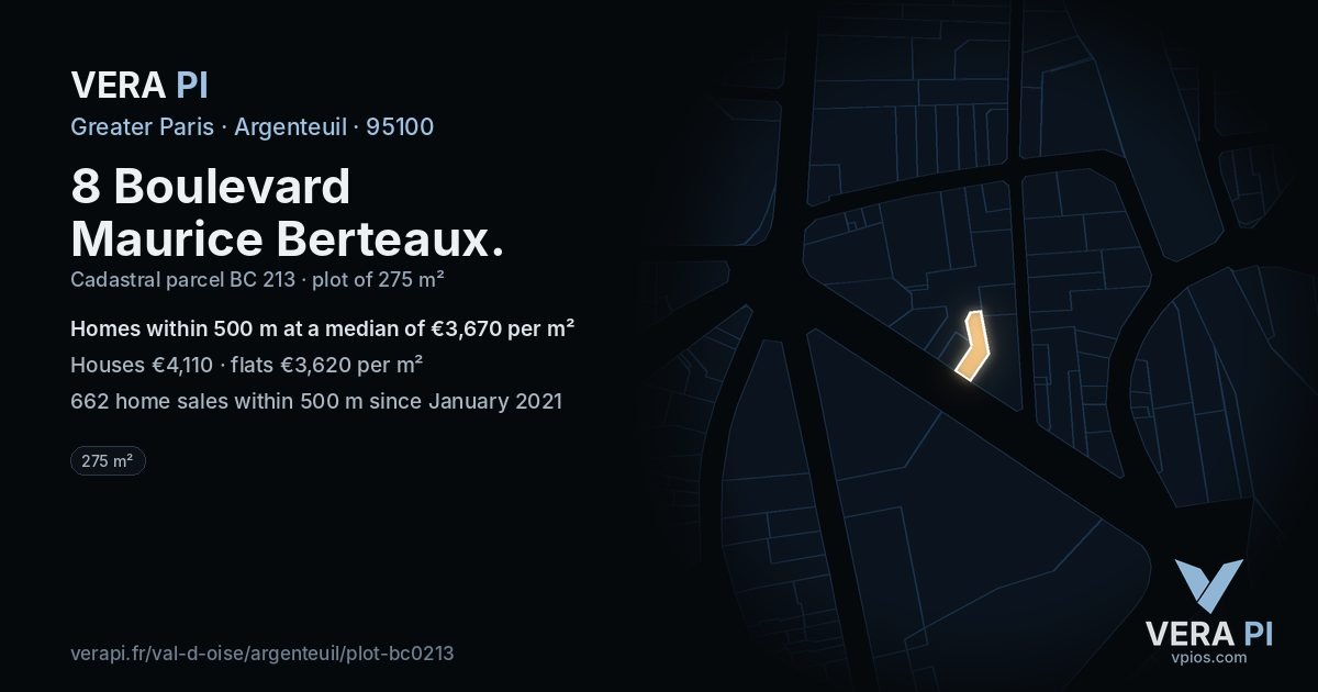 8 Boulevard Maurice Berteaux, Argenteuil at night – the plot lit, the parcels around coloured by the prices near them