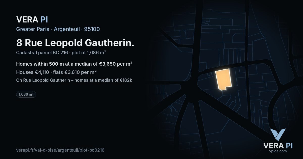 8 Rue Leopold Gautherin, Argenteuil at night – the plot lit, the parcels around coloured by the prices near them