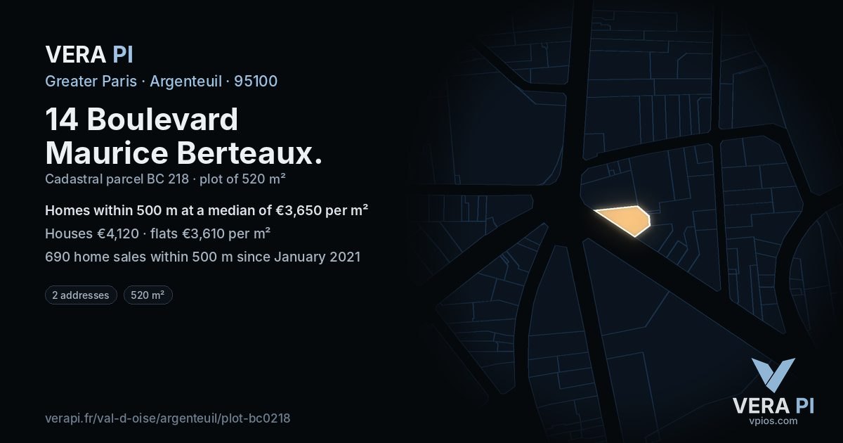 14 Boulevard Maurice Berteaux, Argenteuil at night – the plot lit, the parcels around coloured by the prices near them