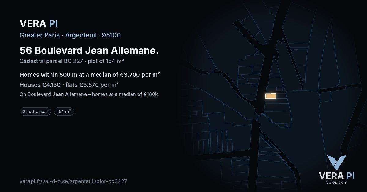 56 Boulevard Jean Allemane, Argenteuil at night – the plot lit, the parcels around coloured by the prices near them