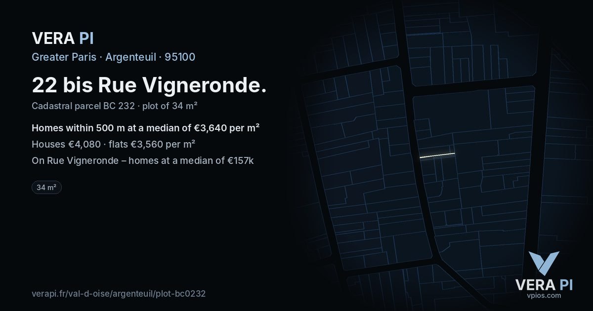 22 bis Rue Vigneronde, Argenteuil at night – the plot lit, the parcels around coloured by the prices near them