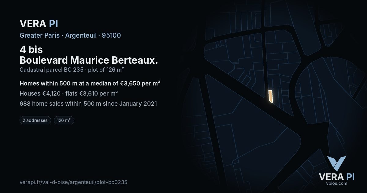 4 bis Boulevard Maurice Berteaux, Argenteuil at night – the plot lit, the parcels around coloured by the prices near them