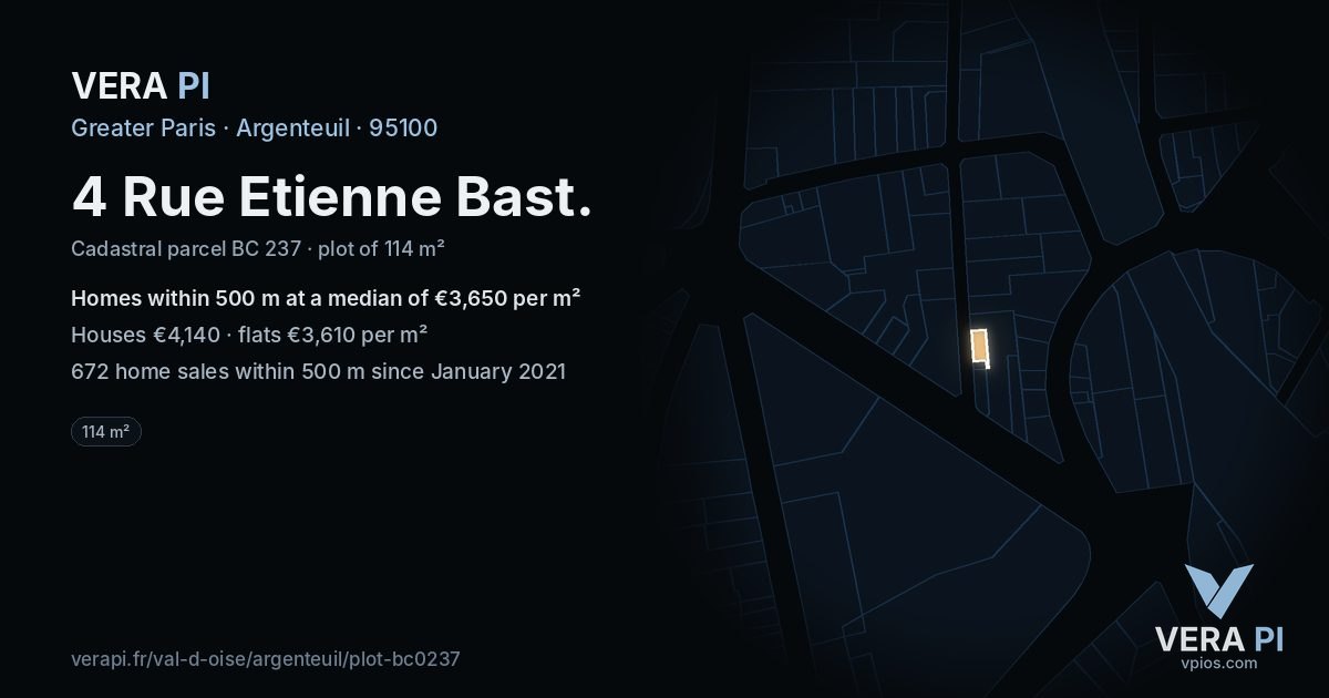 4 Rue Etienne Bast, Argenteuil at night – the plot lit, the parcels around coloured by the prices near them