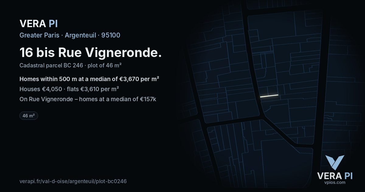 16 bis Rue Vigneronde, Argenteuil at night – the plot lit, the parcels around coloured by the prices near them