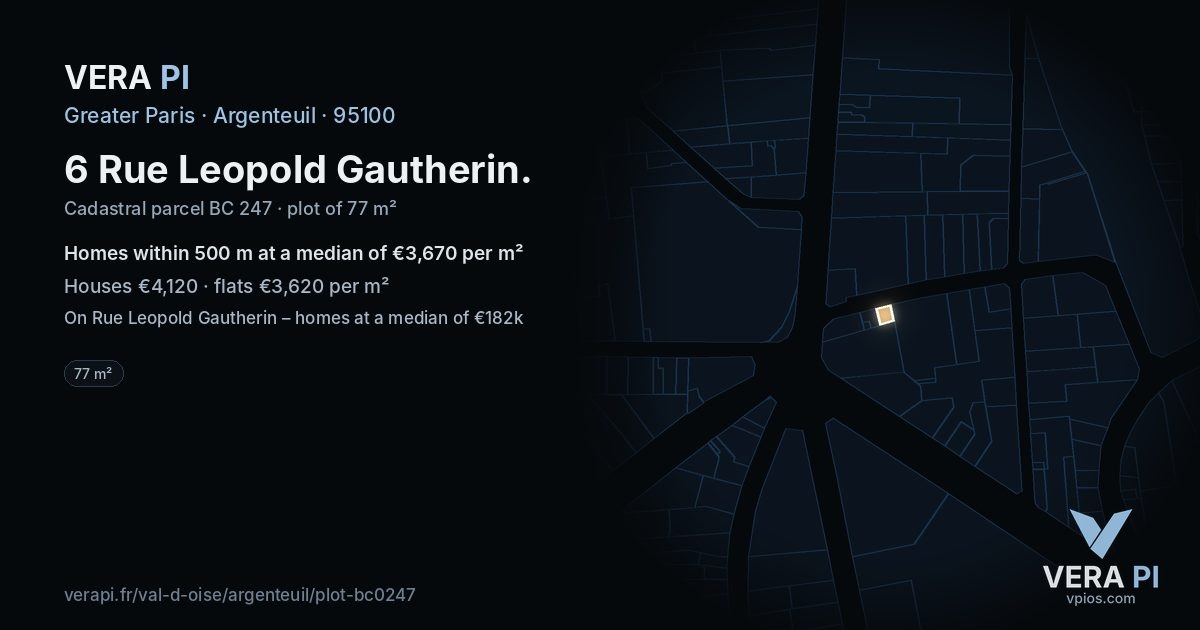 6 Rue Leopold Gautherin, Argenteuil at night – the plot lit, the parcels around coloured by the prices near them