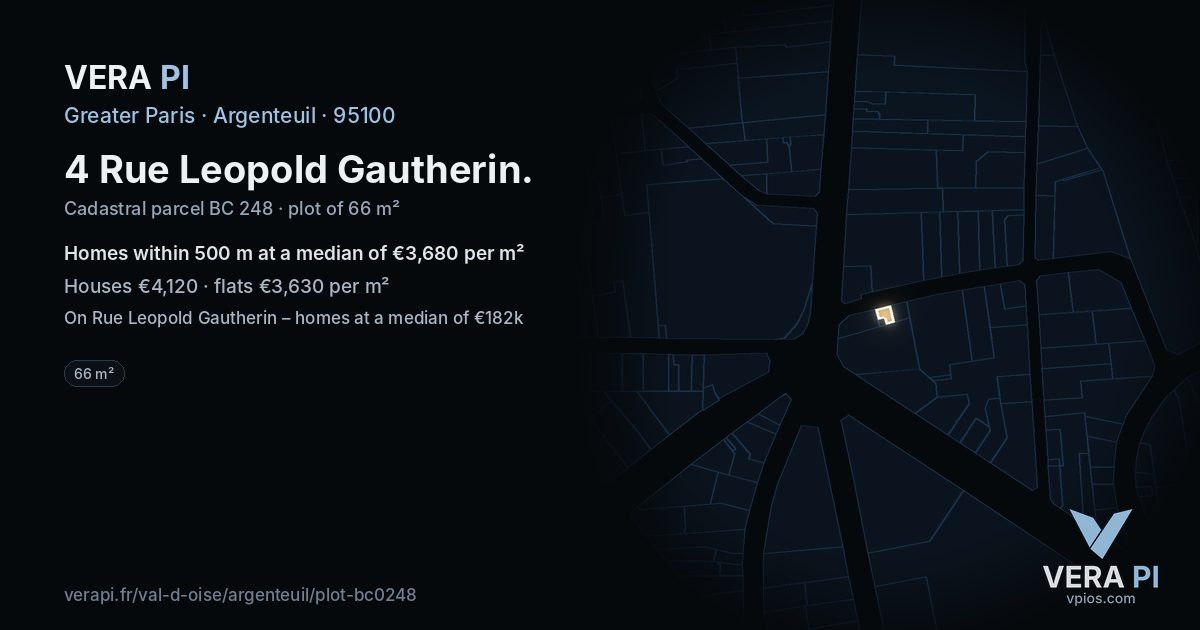 4 Rue Leopold Gautherin, Argenteuil at night – the plot lit, the parcels around coloured by the prices near them