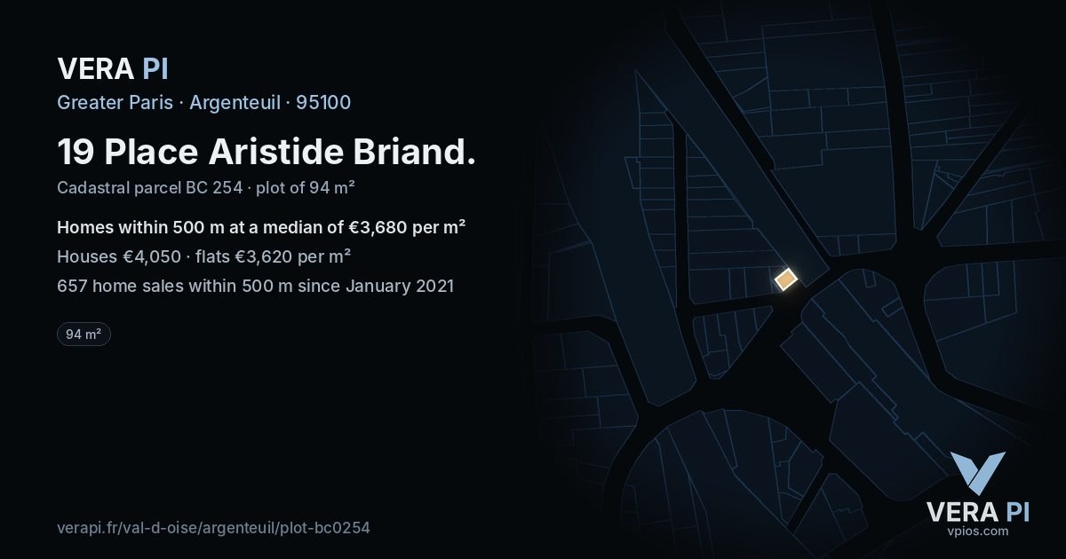 19 Place Aristide Briand, Argenteuil at night – the plot lit, the parcels around coloured by the prices near them