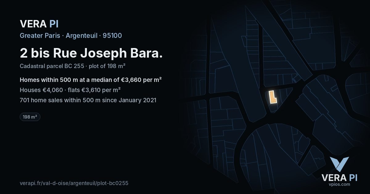 2 bis Rue Joseph Bara, Argenteuil at night – the plot lit, the parcels around coloured by the prices near them