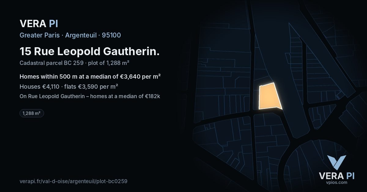 15 Rue Leopold Gautherin, Argenteuil at night – the plot lit, the parcels around coloured by the prices near them