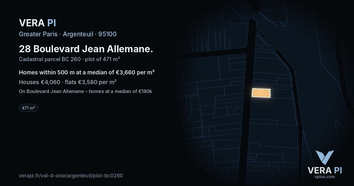 28 Boulevard Jean Allemane, Argenteuil at night – the plot lit, the parcels around coloured by the prices near them