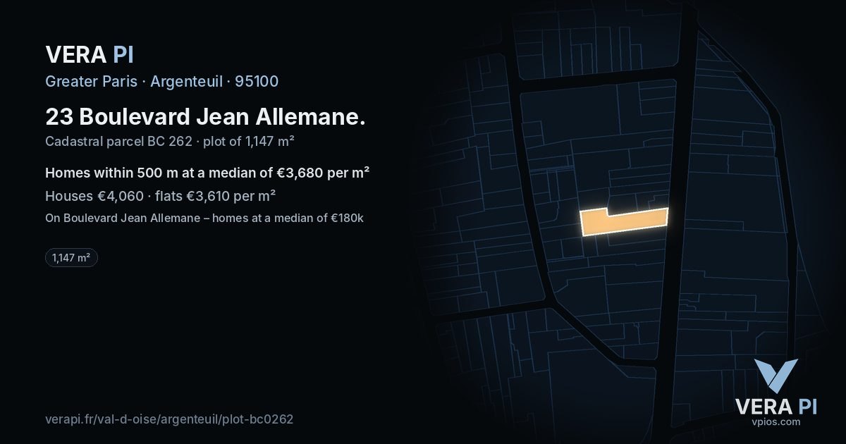 23 Boulevard Jean Allemane, Argenteuil at night – the plot lit, the parcels around coloured by the prices near them