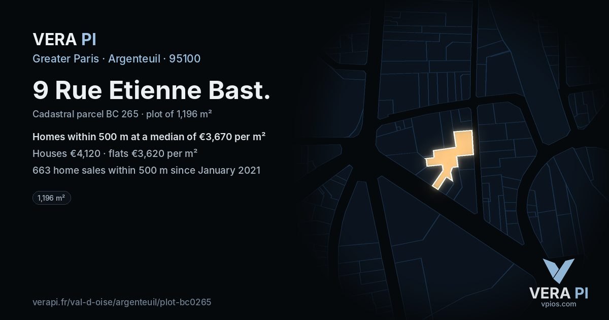 9 Rue Etienne Bast, Argenteuil at night – the plot lit, the parcels around coloured by the prices near them