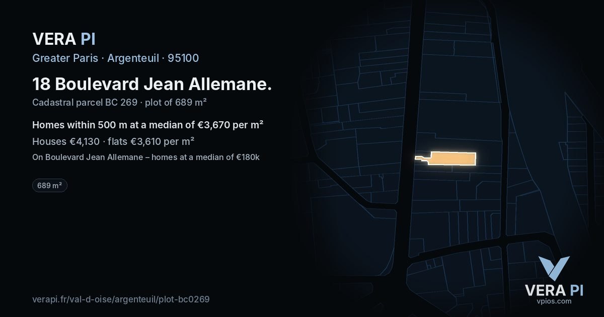 18 Boulevard Jean Allemane, Argenteuil at night – the plot lit, the parcels around coloured by the prices near them