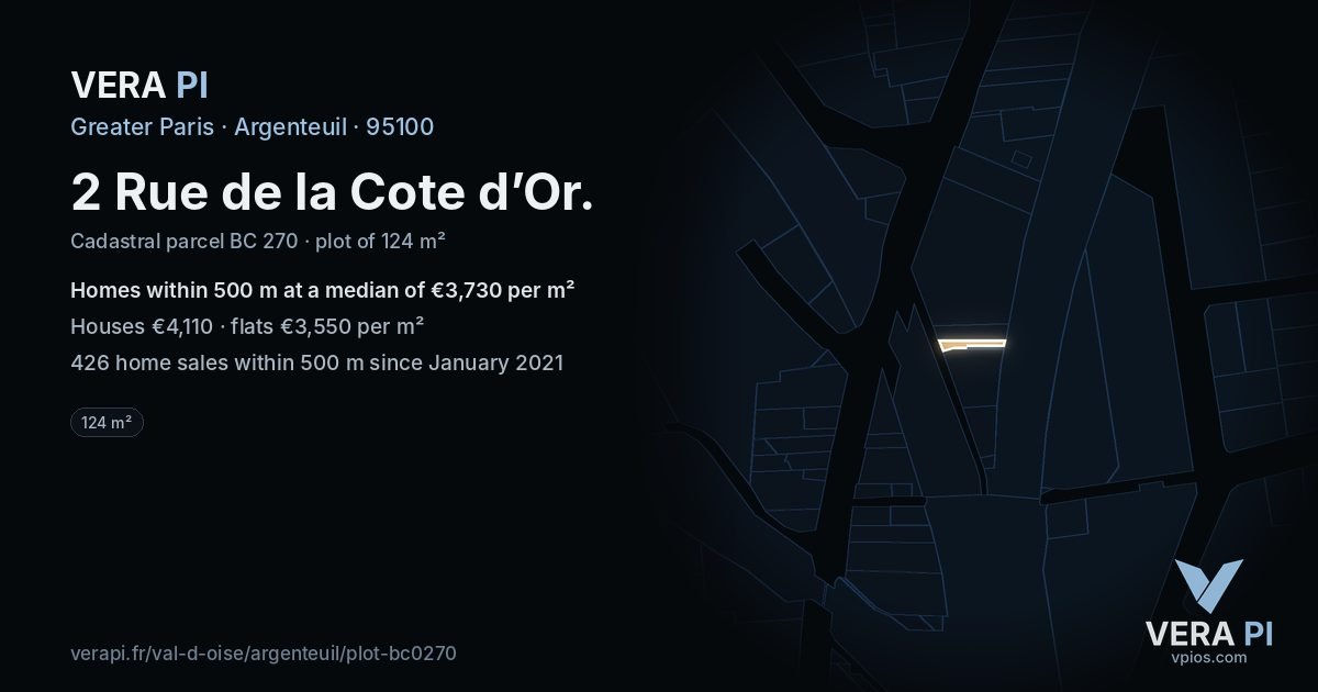 2 Rue de la Cote d’Or, Argenteuil at night – the plot lit, the parcels around coloured by the prices near them
