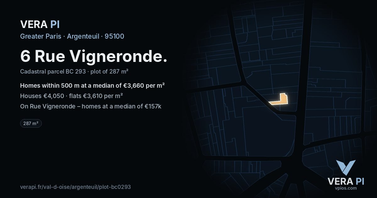 6 Rue Vigneronde, Argenteuil at night – the plot lit, the parcels around coloured by the prices near them