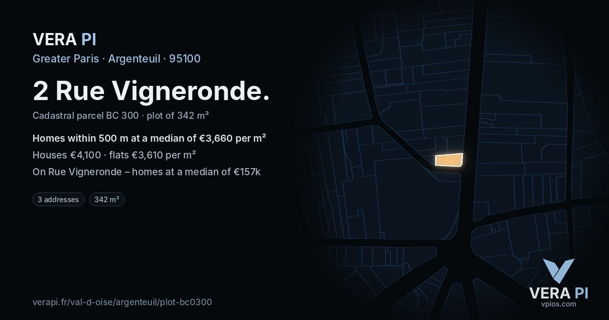 2 Rue Vigneronde, Argenteuil at night – the plot lit, the parcels around coloured by the prices near them
