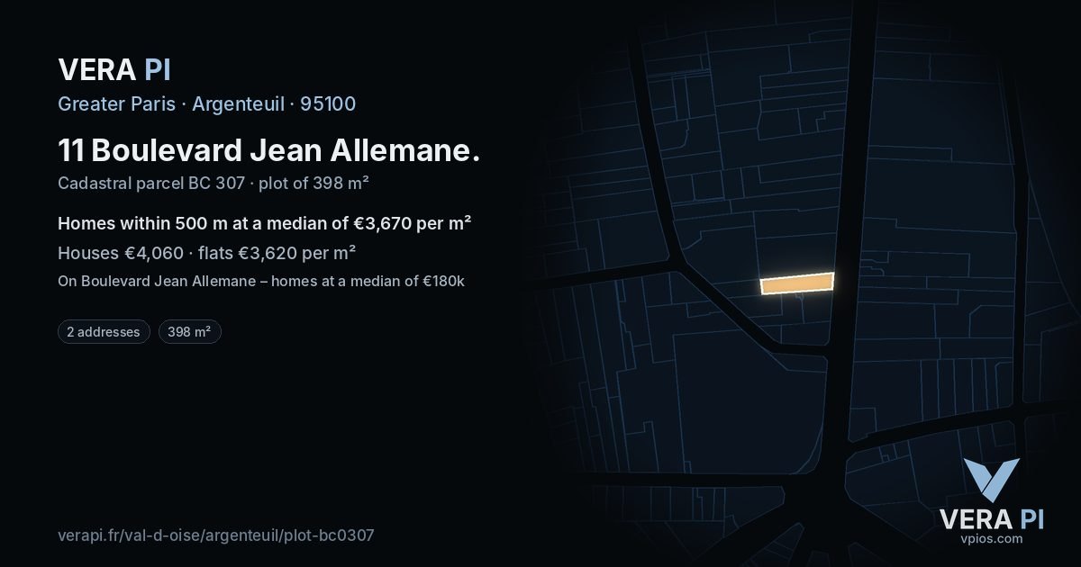 11 Boulevard Jean Allemane, Argenteuil at night – the plot lit, the parcels around coloured by the prices near them