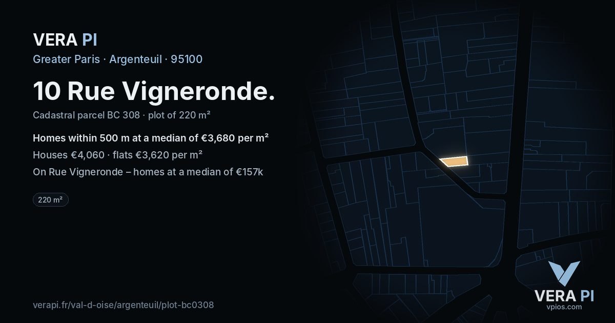 10 Rue Vigneronde, Argenteuil at night – the plot lit, the parcels around coloured by the prices near them