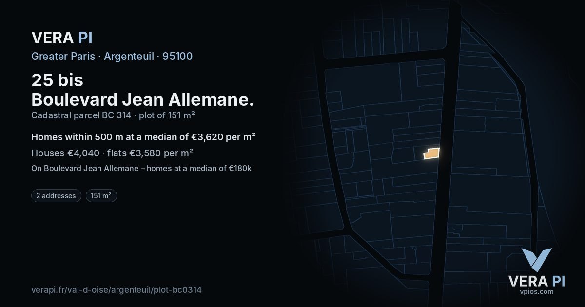 25 bis Boulevard Jean Allemane, Argenteuil at night – the plot lit, the parcels around coloured by the prices near them
