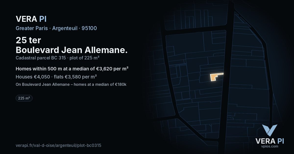 25 ter Boulevard Jean Allemane, Argenteuil at night – the plot lit, the parcels around coloured by the prices near them