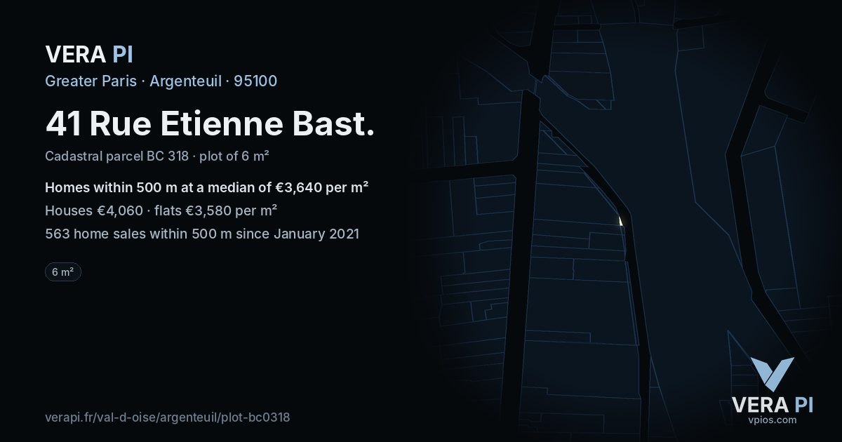 41 Rue Etienne Bast, Argenteuil at night – the plot lit, the parcels around coloured by the prices near them