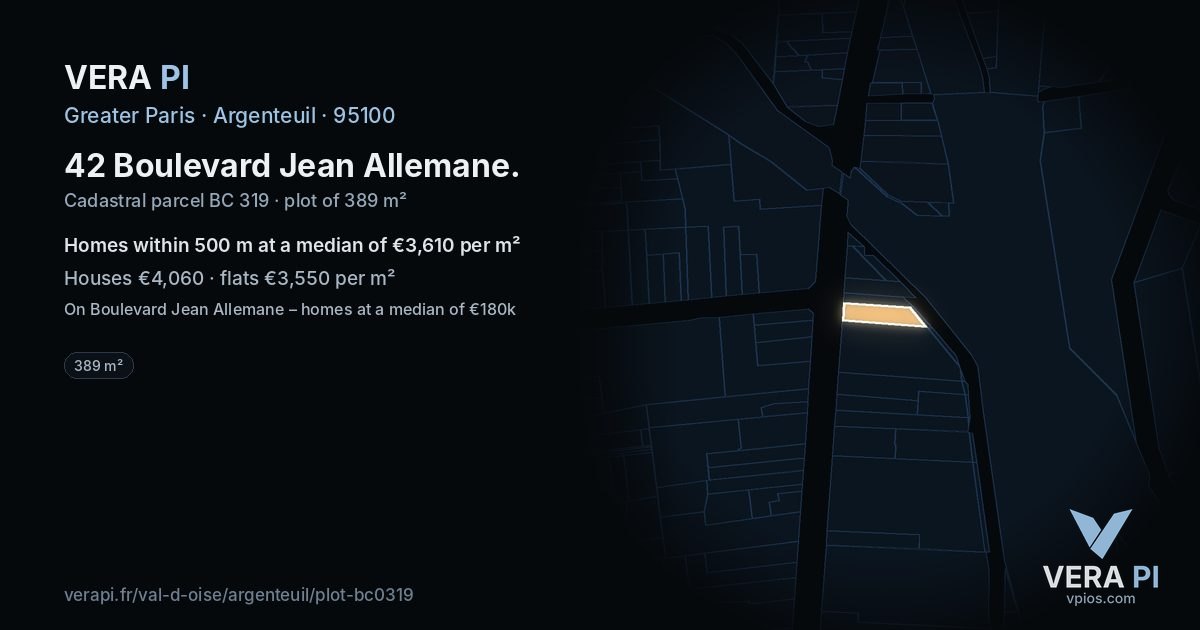 42 Boulevard Jean Allemane, Argenteuil at night – the plot lit, the parcels around coloured by the prices near them