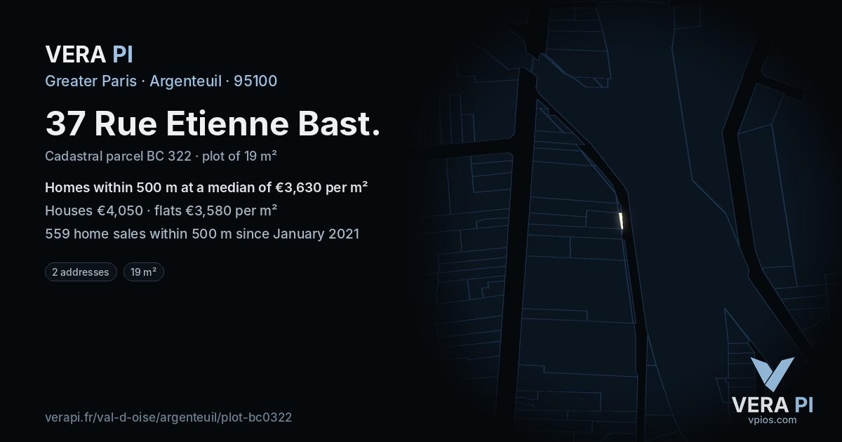 37 Rue Etienne Bast, Argenteuil at night – the plot lit, the parcels around coloured by the prices near them