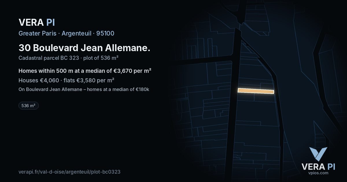 30 Boulevard Jean Allemane, Argenteuil at night – the plot lit, the parcels around coloured by the prices near them