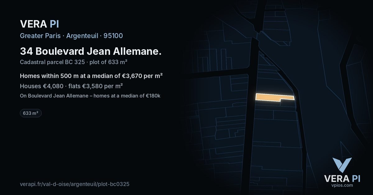 34 Boulevard Jean Allemane, Argenteuil at night – the plot lit, the parcels around coloured by the prices near them