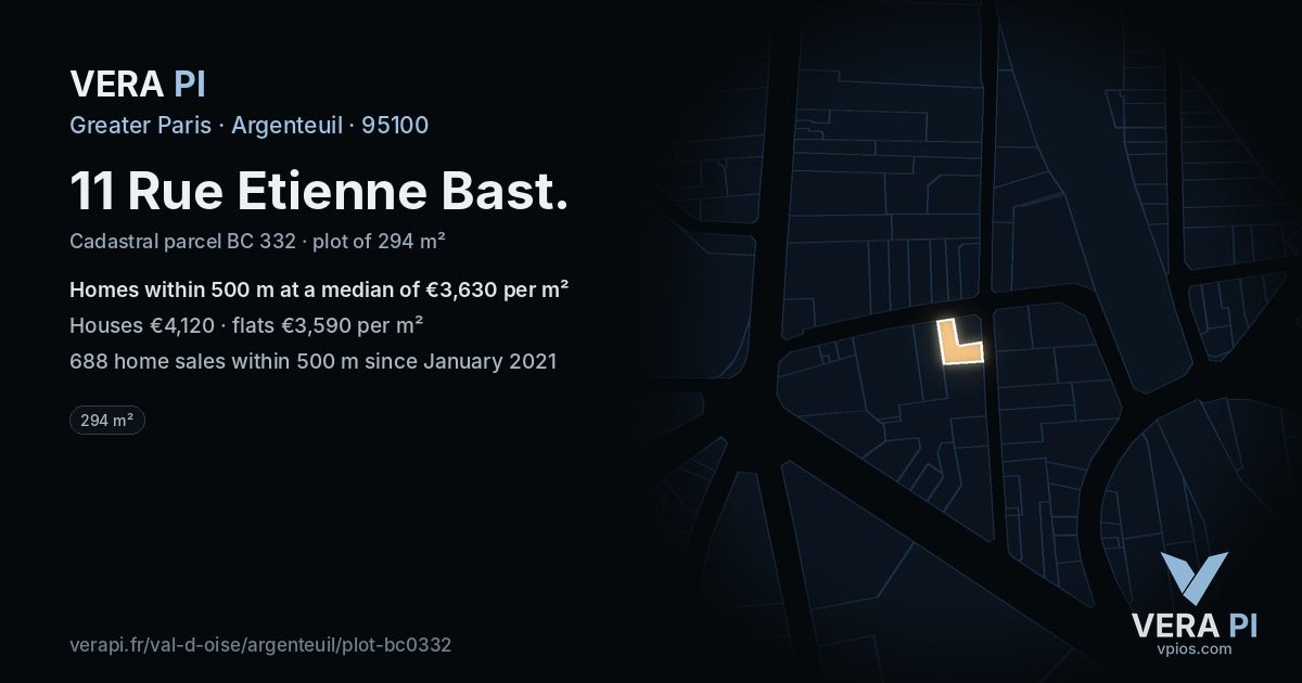 11 Rue Etienne Bast, Argenteuil at night – the plot lit, the parcels around coloured by the prices near them