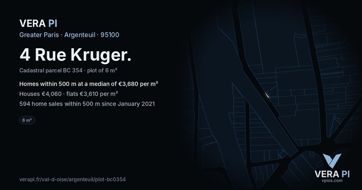 4 Rue Kruger, Argenteuil at night – the plot lit, the parcels around coloured by the prices near them