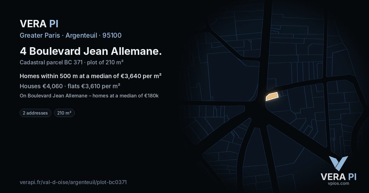 4 Boulevard Jean Allemane, Argenteuil at night – the plot lit, the parcels around coloured by the prices near them
