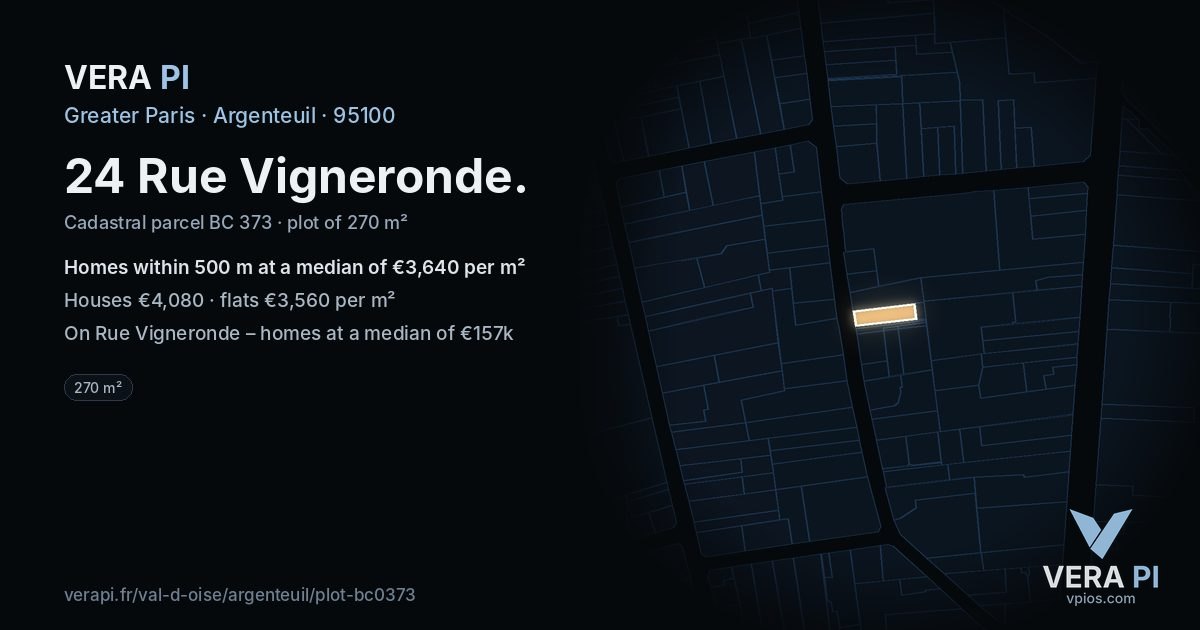 24 Rue Vigneronde, Argenteuil at night – the plot lit, the parcels around coloured by the prices near them