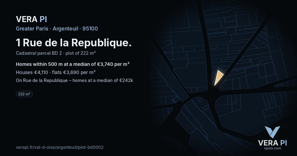 1 Rue de la Republique, Argenteuil at night – the plot lit, the parcels around coloured by the prices near them